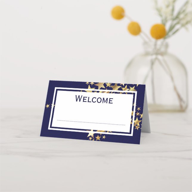 Tarjeta De Asiento Elegante festivo | Estrellas de oro sobre azul mar (Anverso)