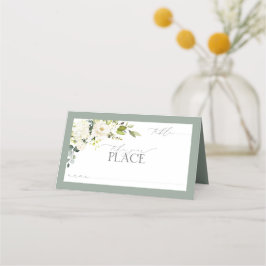 Tarjeta De Asiento Elegante Floral de color verde gris blanco