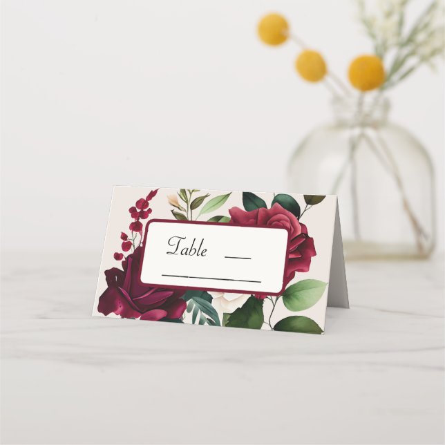 Tarjeta De Asiento Elegante Floral de Crema Verde Burgandy (Anverso)