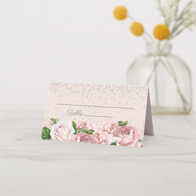Tarjeta De Asiento Elegante Floral Rosa Brillo Plateado  (Anverso)