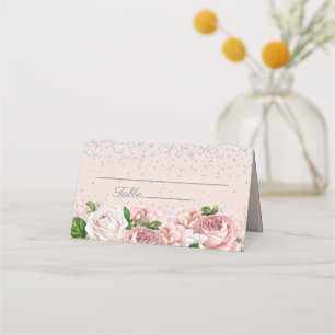 Tarjeta De Asiento Elegante Floral Rosa Brillo Plateado 
