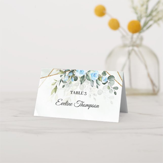 Tarjeta De Asiento Elegante Flores azul claro eucalipto y oro (Anverso)