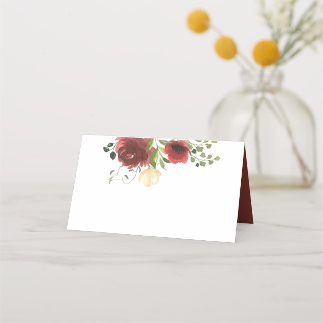 Tarjeta De Asiento Elegante Flores Rojas Verdor Floral Acuarela Flora (Anverso)