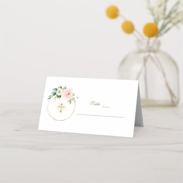Tarjeta De Asiento Elegante Flores Rosadas Número de tabla de bautism (Anverso)