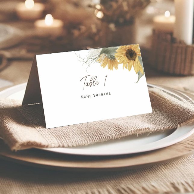 Tarjeta De Asiento Elegante Girasol Rústico, Boda Caída (Rustic themed, Sunflower tented place card.)
