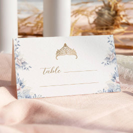 Tarjeta De Asiento Elegante Gold Tiara Blue Floral Quinceañera