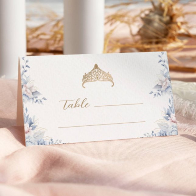 Tarjeta De Asiento Elegante Gold Tiara Blue Floral Quinceañera (Subido por el creador)