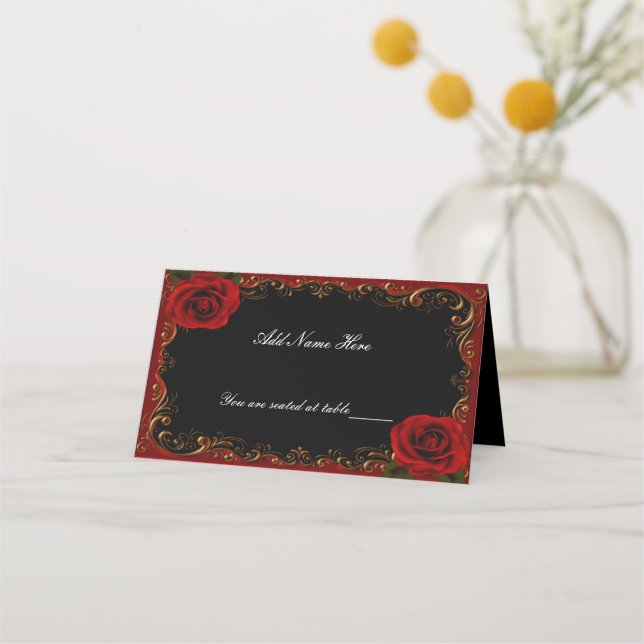 Tarjeta De Asiento Elegante Gótico Red Roses Table Place Card (Anverso)