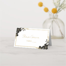 Tarjeta De Asiento Elegante guión blanco Boda floral negro y dorado