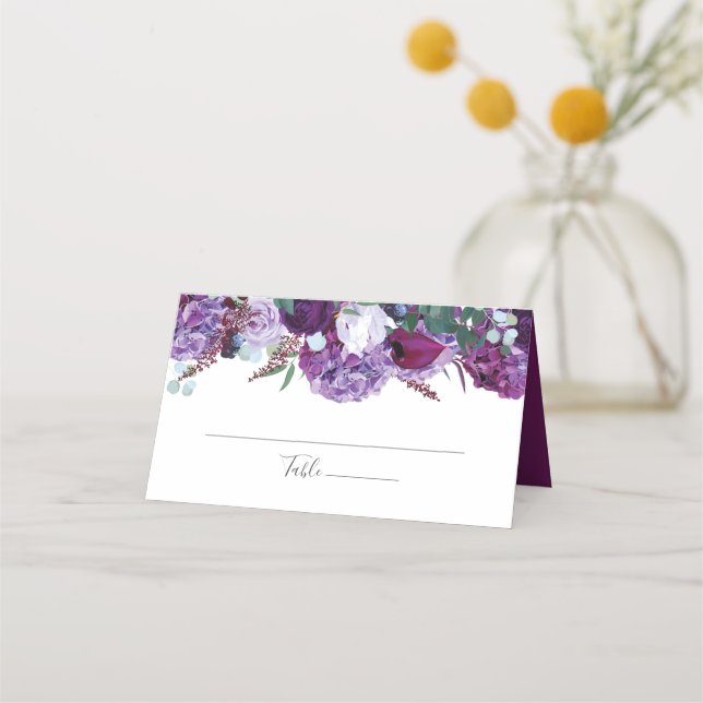 Tarjeta De Asiento Elegante guión Boda de vegetación floral púrpura (Anverso)