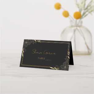 Tarjeta De Asiento Elegante guión florece negro y oro Boda Pla