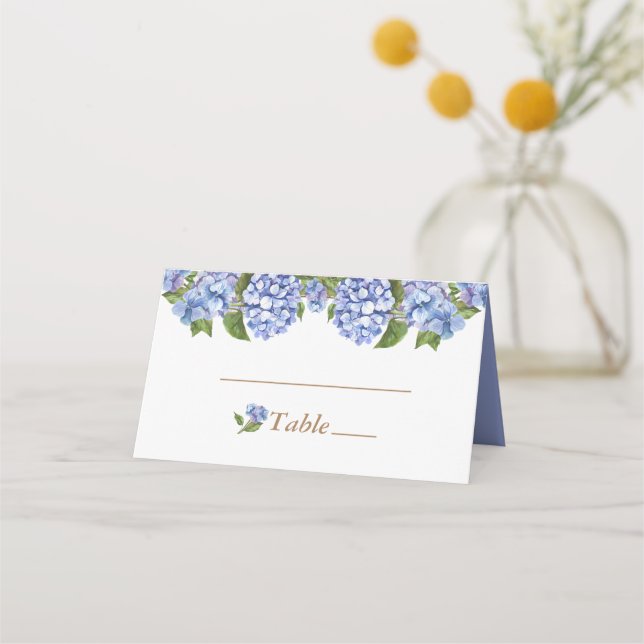 Tarjeta De Asiento Elegante Hydrangea Azul Floral Boda Blanco (Anverso)