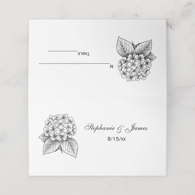 Tarjeta De Asiento Elegante Hydrangea Bouquet Boda Couple (Exterior desplegado)