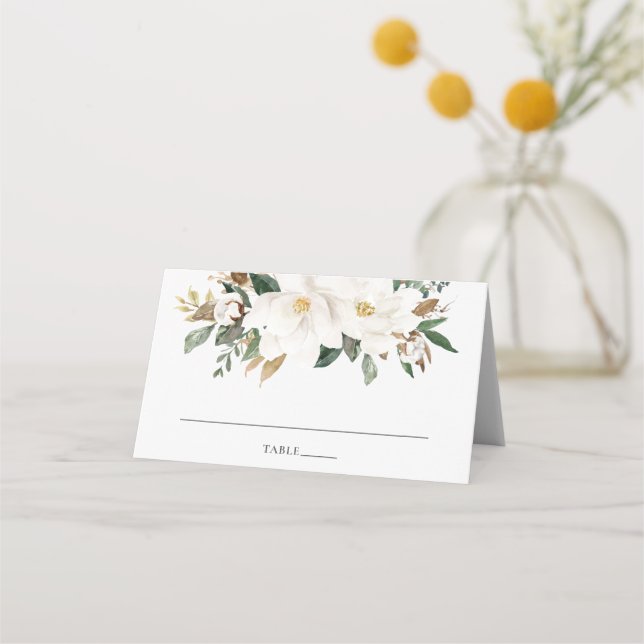 Tarjeta De Asiento Elegante Ivory Magnolia Greenery Boda Nombre de in (Anverso)