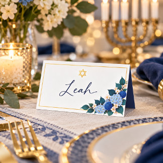 Tarjeta De Asiento Elegante marco de oro de Hanukkah con flores azule