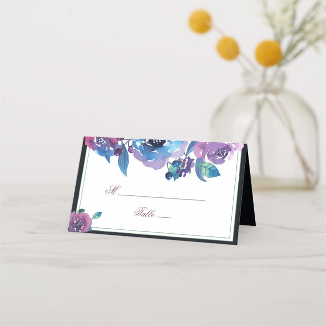Tarjeta De Asiento Elegante mesa Boda floral azul morado con crema de (Anverso)