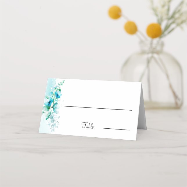 Tarjeta De Asiento Elegante mesa Boda personalizada con flores azules (Anverso)