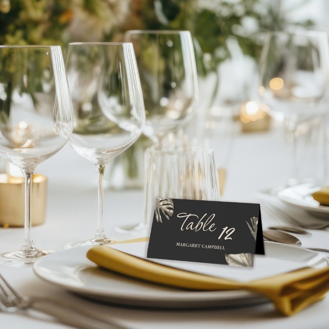 Tarjeta De Asiento Elegante mesa de Boda botánico negro y oro (Subido por el creador)
