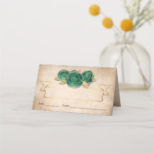 Tarjeta De Asiento Elegante Mesa Plegable de Pergamino en Verde y Oro
