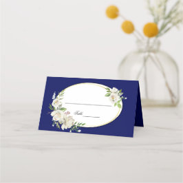 Tarjeta De Asiento Elegante Monograma Boda Boho Blue Floral Gold