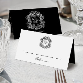 Tarjeta De Asiento Elegante Monograma de Cresta Blanco Negro Bodas Vi