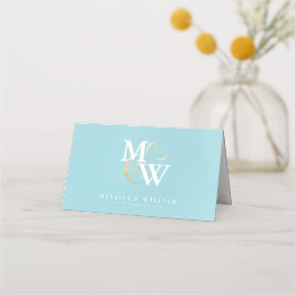 Tarjeta De Asiento Elegante Monograma Vidrio Dorado Boda Blanco Verde