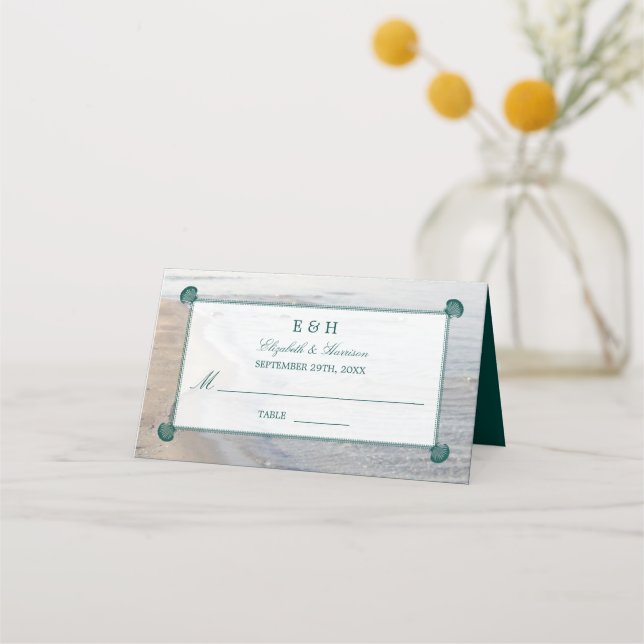 Tarjeta De Asiento Elegante Monograma y Verde azulada boda de playa d (Anverso)