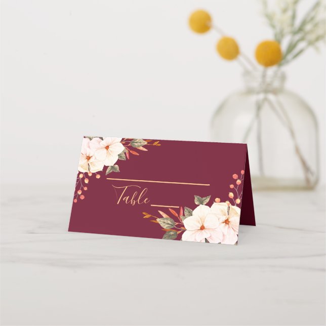 Tarjeta De Asiento Elegante Naranja Borgoña Rubor Floral (Anverso)