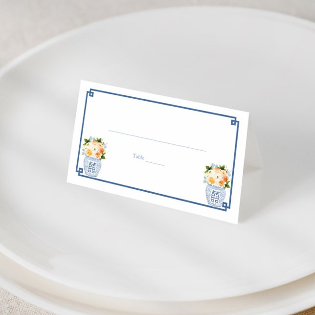 Tarjeta De Asiento Elegante Naranja de la Marina quemada azul Fiesta  (Fall flowers in blue and white ginger jar wedding shower place cards)
