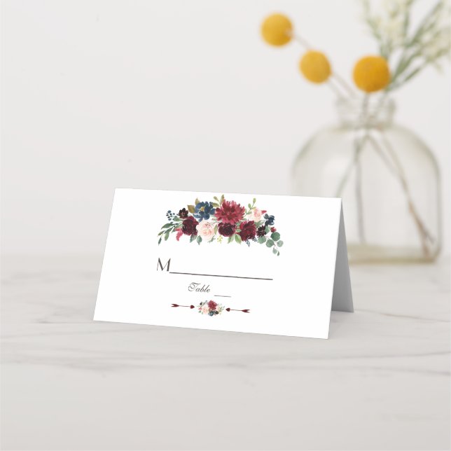 Tarjeta De Asiento Elegante número de mesa floral azul de la Marina M (Anverso)