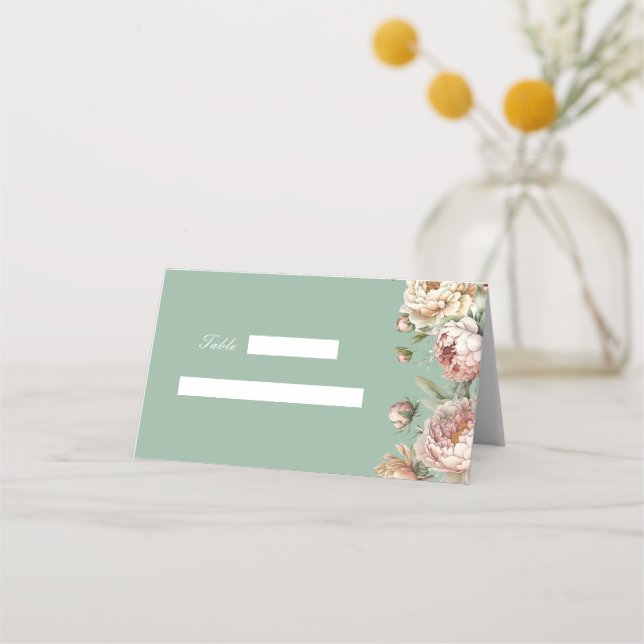 Tarjeta De Asiento Elegante Pastel Sage Green Rubor Peonies (Anverso)