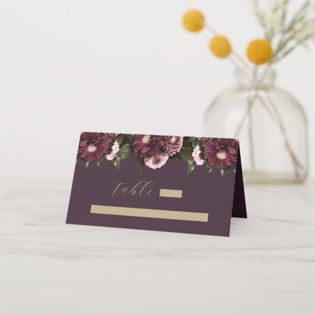 Tarjeta De Asiento Elegante Plum Purple Burgundy Boda Floral (Anverso)