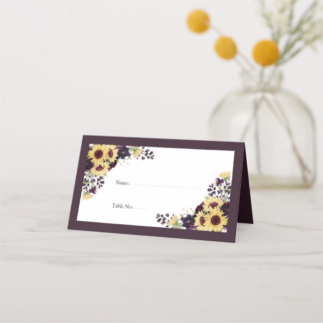 Tarjeta De Asiento Elegante Plum Purple Sunflower Acuarela Recepción (Anverso)
