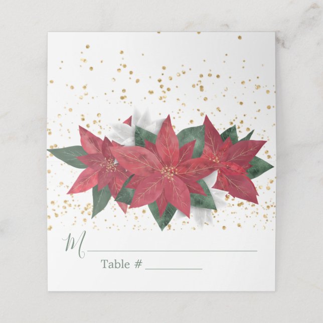 Tarjeta De Asiento Elegante Poinsettia Navidades Boda Place Card (Exterior desplegado)