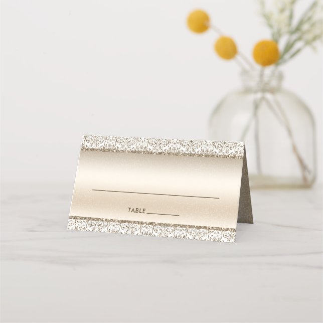 Tarjeta De Asiento Elegante Purpurina de Champagne Damask Boda (Anverso)