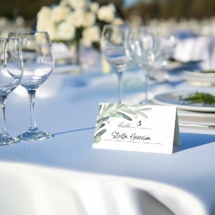 Tarjeta De Asiento Elegante rama de olivo con greenery en acuarela