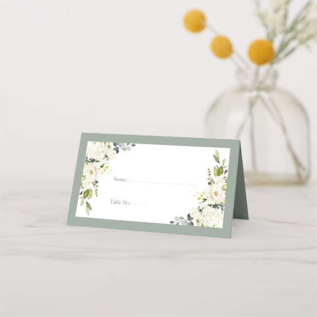 Tarjeta De Asiento Elegante recepción floral verde gris blanco (Anverso)