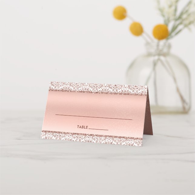 Tarjeta De Asiento Elegante Rosa Boda de Damasco metálico de oro (Anverso)