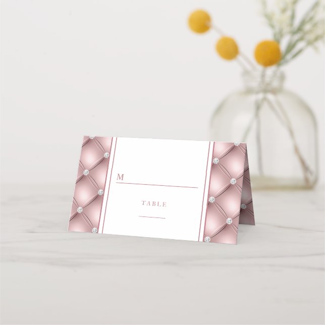 Tarjeta De Asiento Elegante Rosa de Boda de Diamante de Oro (Anverso)