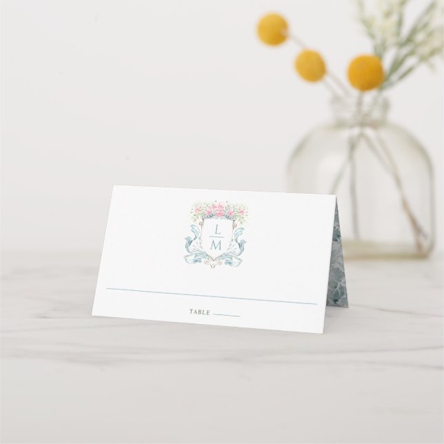 Tarjeta De Asiento Elegante Rosa Escudo con Bow | Boda de monograma (Anverso)