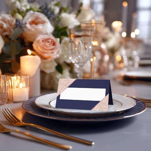 Tarjeta De Asiento Elegante Rosa Oro y Bat de la Marina Mitzvah (Elegant Rose Gold and Navy Bat Mitzvah Place Card)