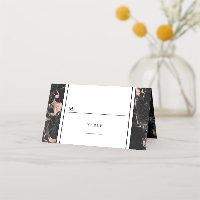 Tarjeta De Asiento Elegante Rosa Oro Y Boda De Mármol Negro (Anverso)