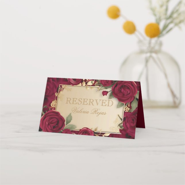 Tarjeta De Asiento Elegante Rosa Roja Borgoña y Boda de Oro (Anverso)