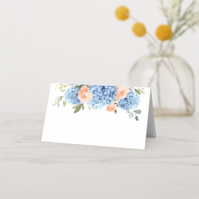 Tarjeta De Asiento Elegante Rosas de Rubor rosa Hydrangea azul (Anverso)