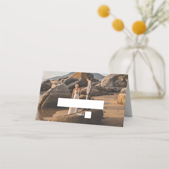 Tarjeta De Asiento Elegante simple 2Photo Overlay Script Wedding Favo (Anverso)
