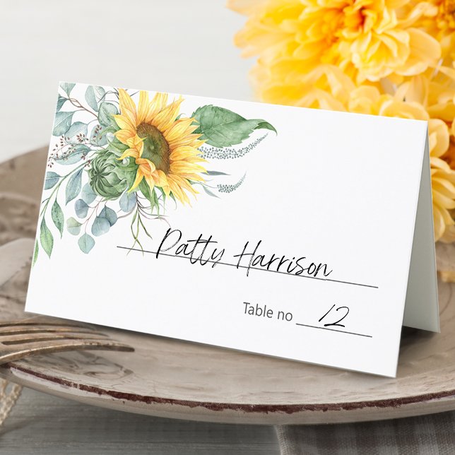 Tarjeta De Asiento Elegante vegetación de Eucalipto de Giro (Elegant Sunflower Eucalyptus Greenery Place Card)