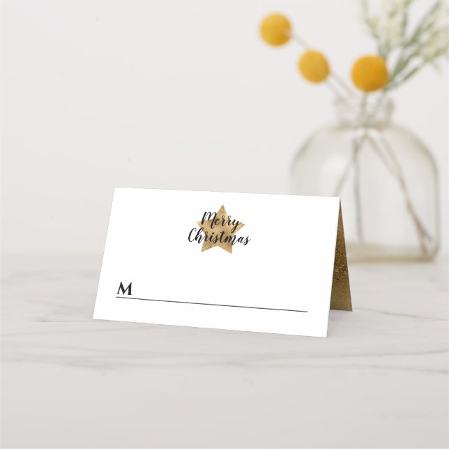 Tarjeta De Asiento Elegante White Faux Gold Star Feliz Navidad (Anverso)