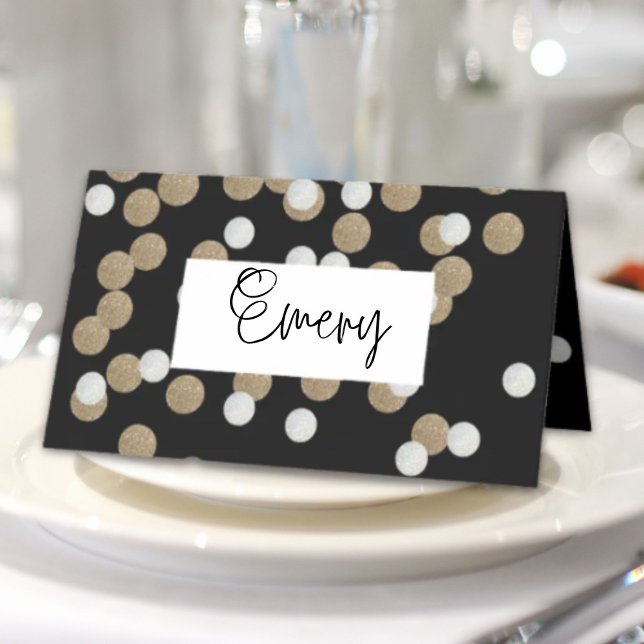 Tarjeta De Asiento elegante y moderno Confetal de oro negro (elegant modern Black Gold Confetti Holiday Party Place Card)