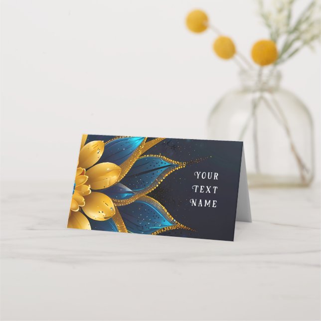 Tarjeta De Asiento Elegante zafiro y Boda floral de oro (Reverso)