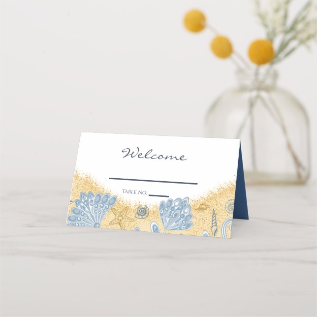 Tarjeta De Asiento Elegantes conchas, arena y Boda único de playa (Anverso)